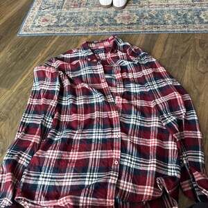 Zara Man Red and Blue Plaid Relaxed Fit Flannel Shirt with Raw Hem